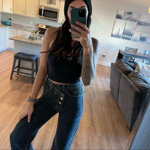 Assymetrical Ultra High Waist Straight Leg Denim Jeans